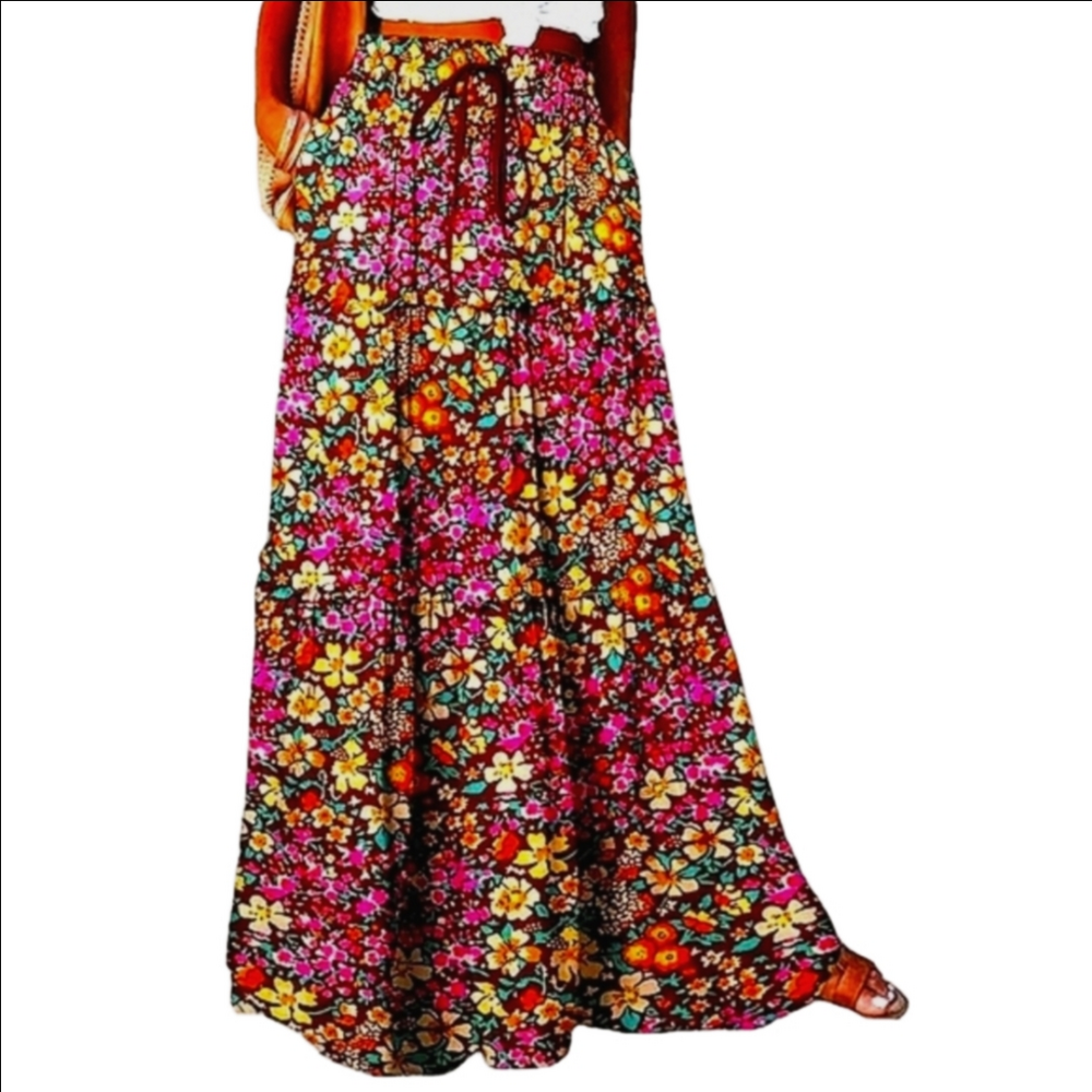 Bohemian Pocket Skirt Vibrant Floral Boho Loose Pleated Vacay Outfit Clothes